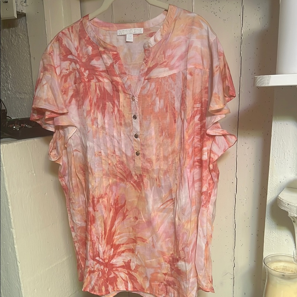 Pink and Orange Boxy Blouse with Mandarin Collar